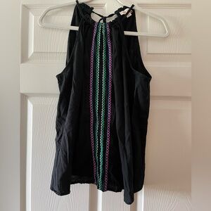 Black Halter Tank with Colorful Embroidery